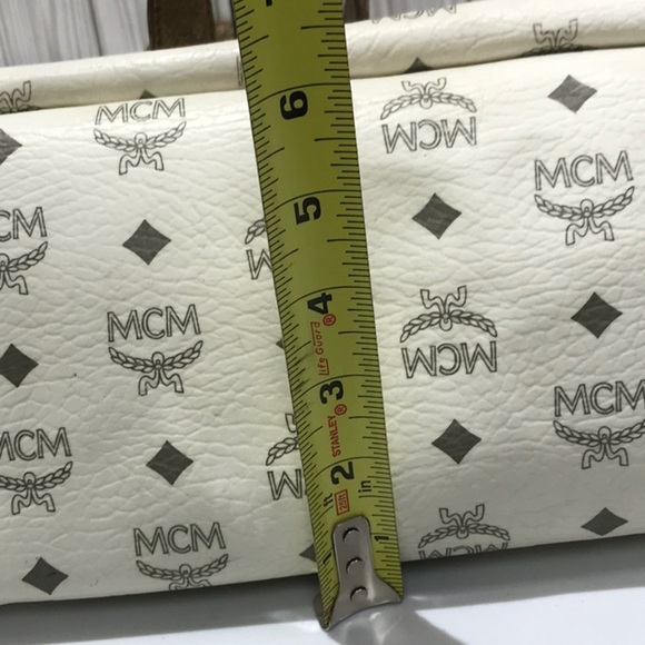 MCM Tote Bag White Logo Visetos Canvas Leather Trim Shoulder Bag - Picture 14 of 16